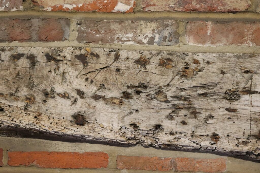 Innendämmung Kalziumsilikatplatten: verwitterter Holzbalken an einer Ziegelwand im Altbau