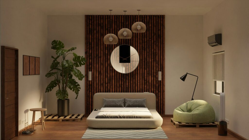Japandi Stil im Schlafzimmer mit flachem Bett und rundem Spiegel