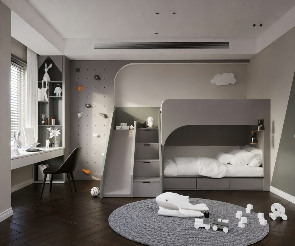Kinderzimmer teilen mit Etagenbett und Spielzeug auf dem Boden in einem Geschwisterzimmer