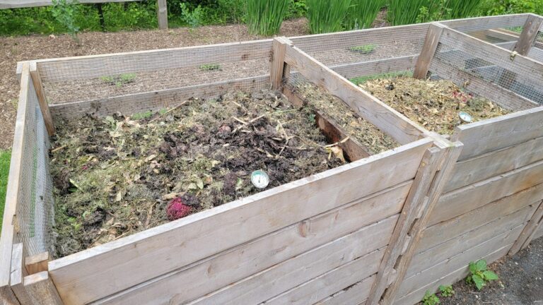 Kompost beschleunigen in Holzkisten mit Erde und Gartenabfällen