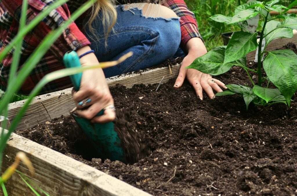 Person lockert Erde in einem Hochbeet aus Holz – Hochbeet bauen und befüllen