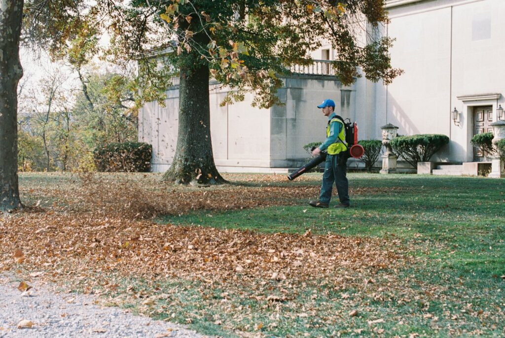 Rasen im Herbst: Mann befreit den Garten mit einem Laubbläser von Laub