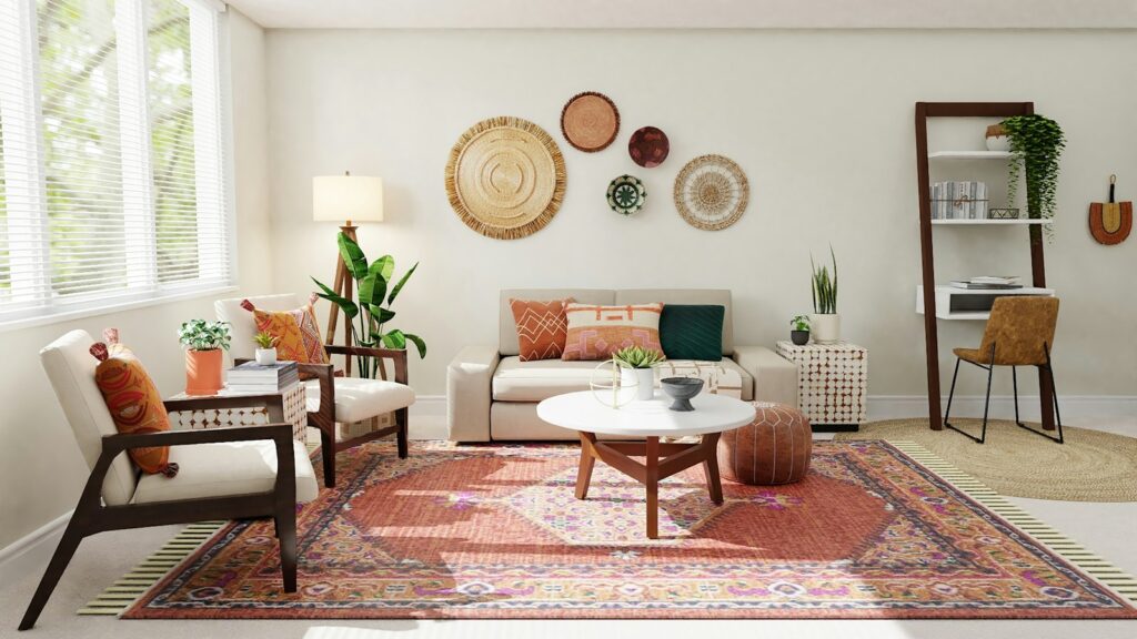 Teppich im Wohnzimmer unter Sofa und Couchtisch, passende Größe gewählt